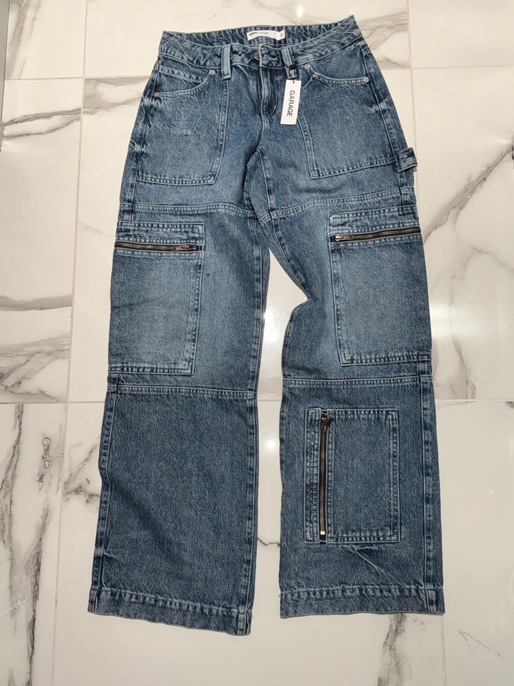 Garage  Blue Straight Utility Jeans with Zipper Pockets